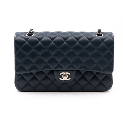 Classic Double Flap Bag Medium Navy Blue Leather Silver
