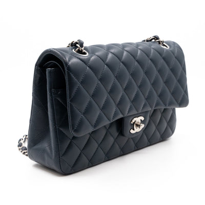 Classic Double Flap Bag Medium Navy Blue Leather Silver