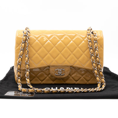 Classic Double Flap Jumbo Dark Beige Patent Leather Silver