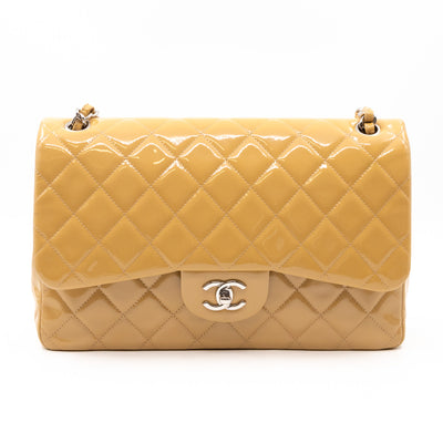 Classic Double Flap Jumbo Dark Beige Patent Leather Silver