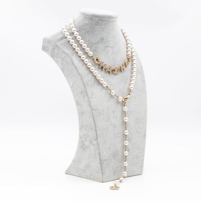 Crystal Chanel Logo Pearl Necklace