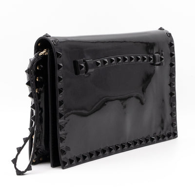 Rockstud Flap Clutch Black Patent Leather