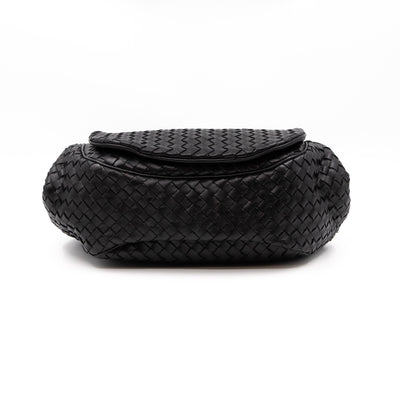 Drawstring Flap Crossbody Bag Intrecciato Black Leather