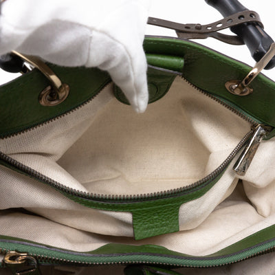 Bamboo Handle Tote Green Leather