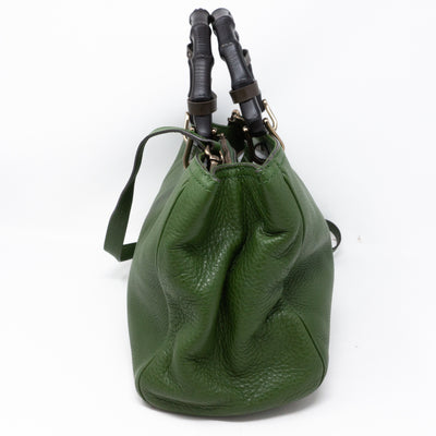 Bamboo Handle Tote Green Leather