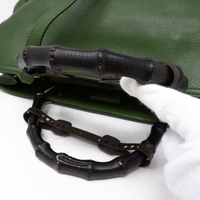 Bamboo Handle Tote Green Leather