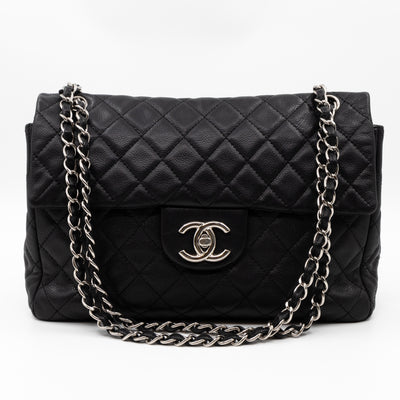 Single Flap Bag Black Caviar Silver