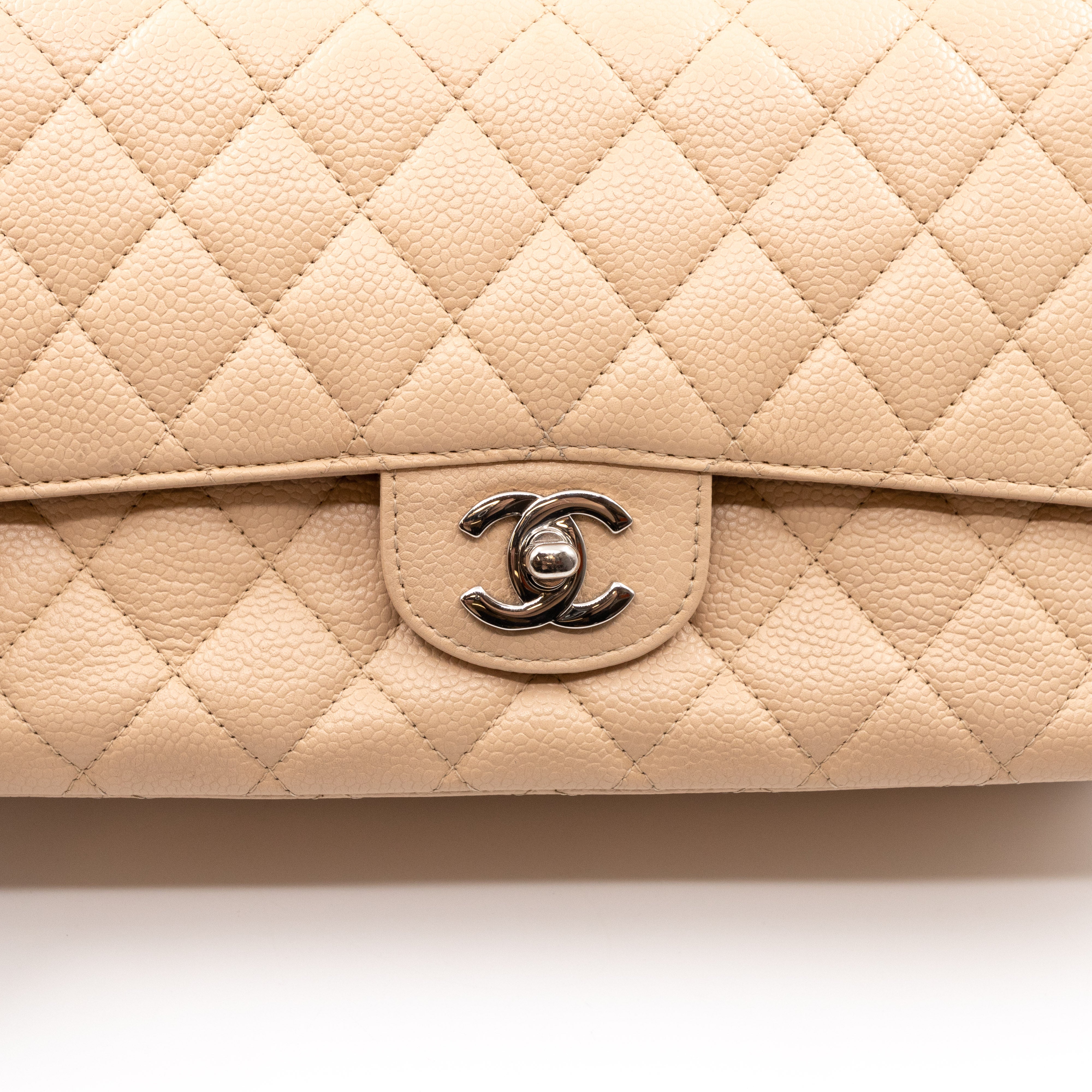 Classic Double Flap Bag Medium Beige Caviar Silver